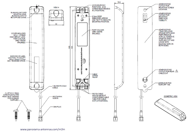 Schematischer Aufbau der Antenne LPW-BC3G-26-2SP mit Kabel und Stecker Schematischer Aufbau der Antenne LPW-BC3G-26-2SP mit Kabel und Stecker