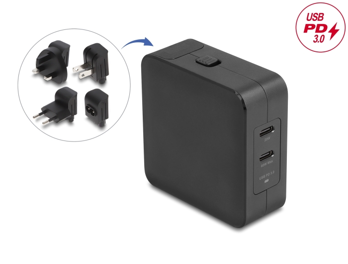 Delock USB GaN Ladegerät 2 x USB Type-C™ PD 3.0 mit 65 W inklusive Strom-Adapter für EU / US / UK #5 