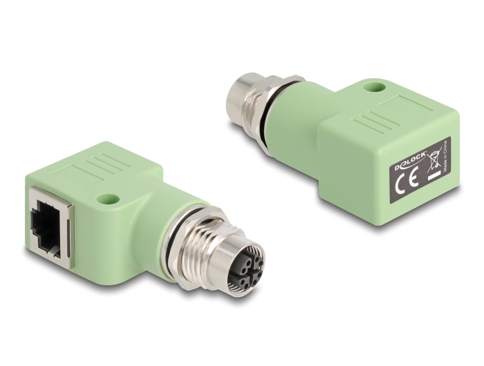 Delock M12 Adapter X-kodiert 8 Pin Buchse zu RJ45 Buchse Cat.5e mit Befestigungsloch 90° gewinkelt grün #1 