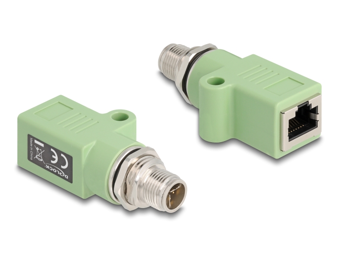 Delock M12 Adapter X-kodiert 8 Pin Stecker zu RJ45 Buchse Cat.5e mit Befestigungsloch gerade grün #1 