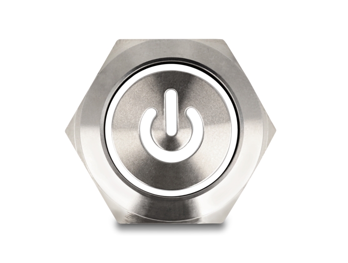 Delock Druckschalter zum Einbau 22 mm 6 x Lötanschluss LED weiß Powersymbol + Ring #3 