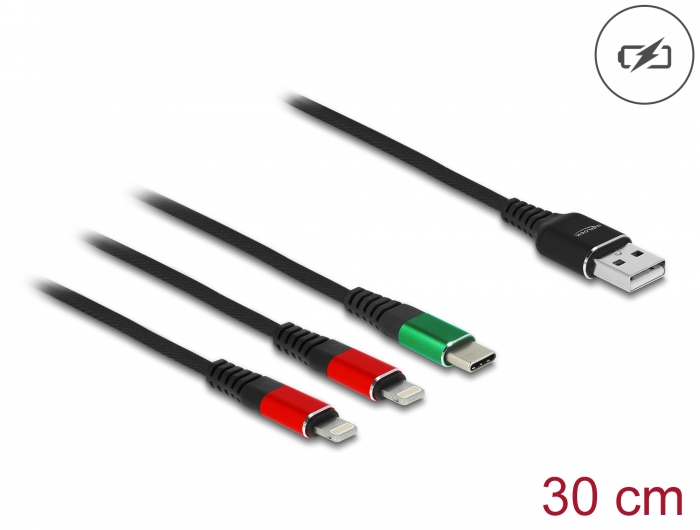 Delock USB Ladekabel 3 in 1 Typ-A zu 2 x Lightning™ / USB Type-C™ 30 cm #1 