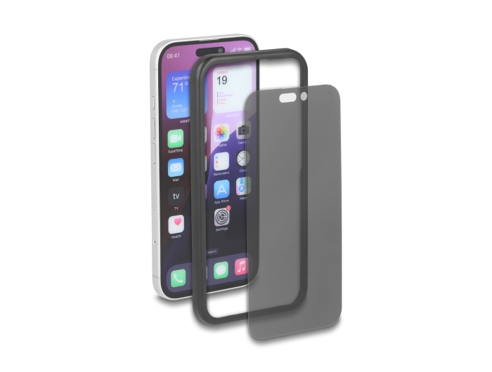 Delock Schutzfolie für iPhone 16 mit Sichtschutz aus gehärtetem Glas Anti Spy 4 Wege Blickschutz mit Installationshilfe #1 