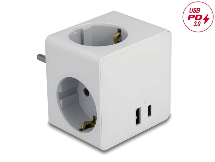 Delock Steckdosenwürfel 3-fach mit Kindersicherung und USB PD 3.0 Ladegerät 20 W weiß #1 