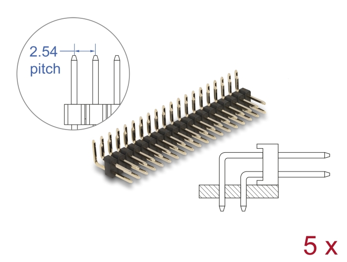 Delock Stiftleiste 20 Pin, Rastermaß 2,54 mm, 2-reihig, gewinkelt, 5 Stück #1 