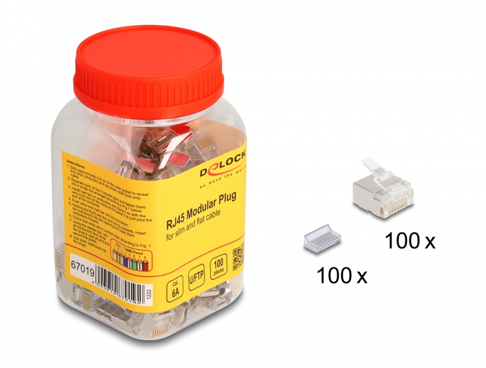 Delock RJ45 Modularer Stecker Cat.6A für Slim und Flachbandkabel 100er Set #1 