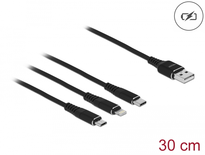 Delock USB Ladekabel 3 in 1 Typ-A zu Lightning™ / Micro USB / USB Type-C™ 30 cm schwarz #1 