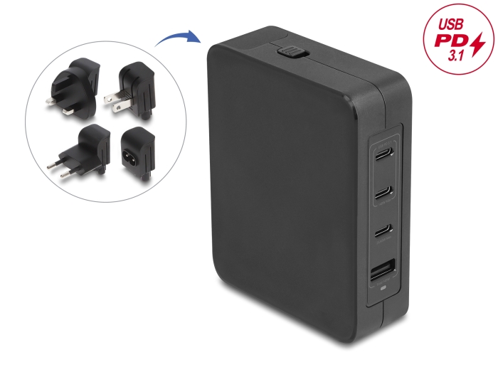 Delock USB GaN Ladegerät 3 x USB Type-C™ PD 3.1 und 1 x USB Typ-A mit 145 W inklusive Strom-Adapter für EU / US / UK #1 