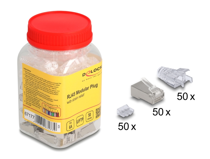 Delock RJ45 Modularer Stecker Cat.6A mit Knickschutztülle transparent 50er Set #1 