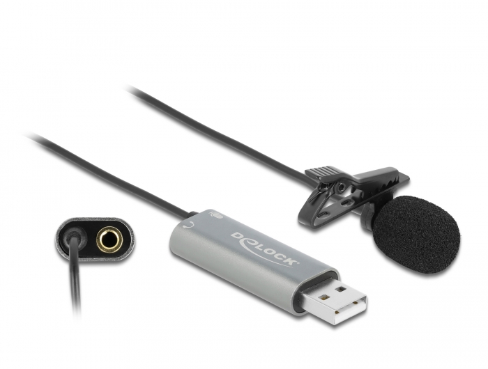 Delock USB Krawatten Lavalier Mikrofon Omnidirektional 24 Bit / 192 kHz mit Clip und 3,5 mm Stereoklinken-Kopfhöreranschluss #1 