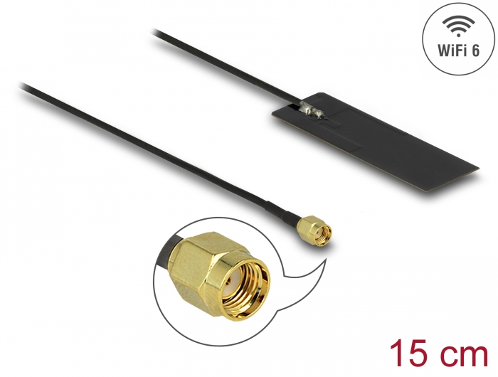 Delock WLAN WiFi 6 802.11 ac/ax/a/h/b/g/n Antenne RP-SMA Stecker 2 - 4 dBi 15 cm PCB intern Klebemontage #1 