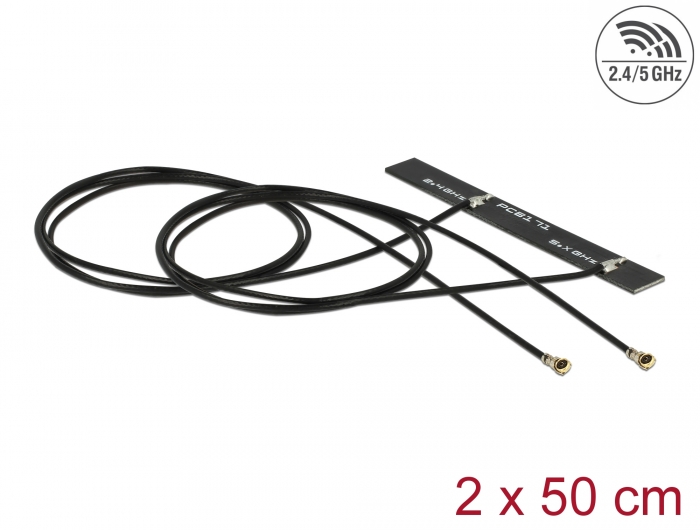 Delock Dualband WLAN WiFi 6 Doppelantenne 2 x I-PEX Inc., MHF® 4L Stecker 3 - 5 dBi 1.13 2 x 50 cm PCB intern Klebemontage #1 