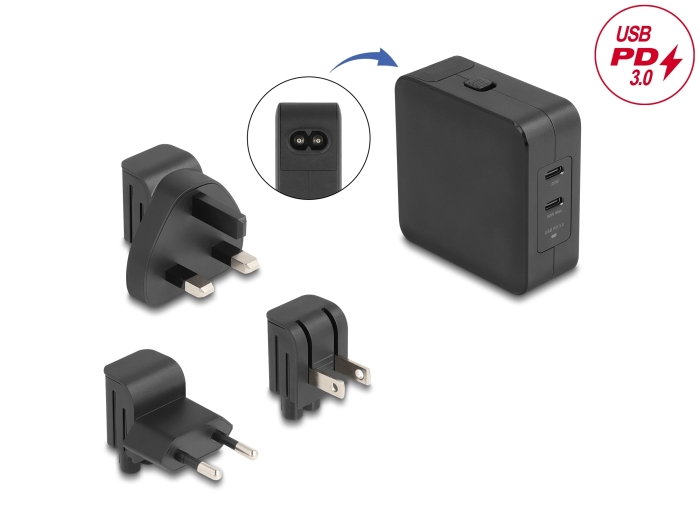 Delock USB GaN Ladegerät 2 x USB Type-C™ PD 3.0 mit 65 W inklusive Strom-Adapter für EU / US / UK #1 
