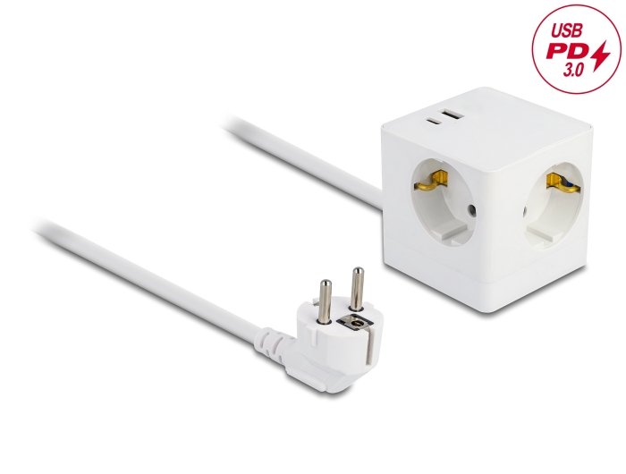 Delock Steckdosenwürfel mit Verlängerungskabel 3-fach mit Kindersicherung und USB PD 3.0 Ladegerät 20 W, 1,5 m Kabel, weiß #1 