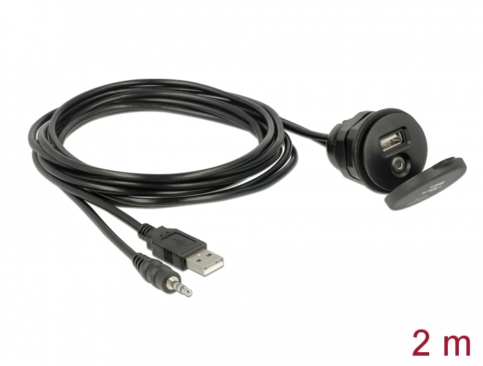 Delock Kabel USB Typ A Stecker + 3,5 mm 4 Pin Klinkenstecker > Einbaubuchse mit Verschlussdeckel USB Typ A Buchse + 3,5 mm 4 Pin Klinkenbuchse (Audio) 2 m schwarz #1 