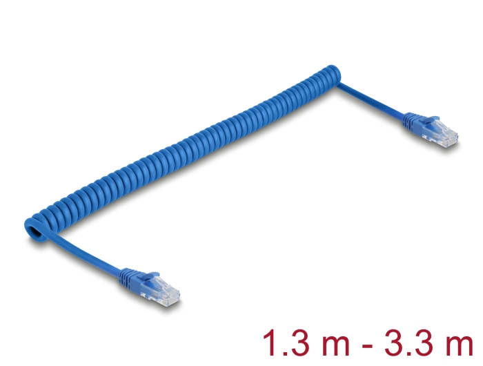 Delock RJ45 Spiralkabel Stecker zu Stecker Cat.6 UTP 1,3 m bis 3,3 m blau #1 
