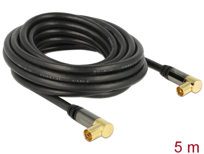 Delock Antennenkabel IEC Stecker gewinkelt > IEC Buchse gewinkelt RG-6/U 5 m schwarz #1 
