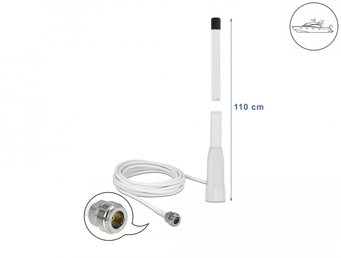 Delock WLAN 802.11 b/g/n Marine Antenne N Buchse 10 dBi 110,5 cm starr omnidirektional mit Anschlusskabel RG-58 U 3 m outdoor weiß #1 
