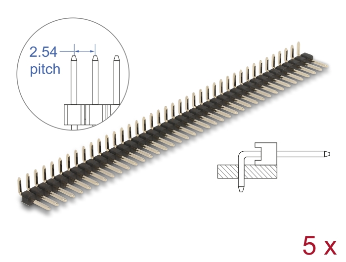 Delock Stiftleiste 40 Pin, Rastermaß 2,54 mm, 1-reihig, gewinkelt, 5 Stück #1 