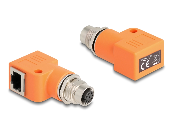 Delock M12 Adapter A-kodiert 8 Pin Buchse zu RJ45 Buchse Cat.5e mit Befestigungsloch 90° gewinkelt orange #1 