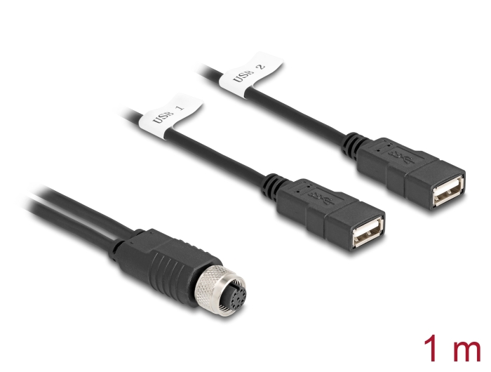 Delock M12 Kabel A-kodiert 8 Pin Buchse zu 2 x USB 2.0 Typ-A Buchse 1 m schwarz #1 