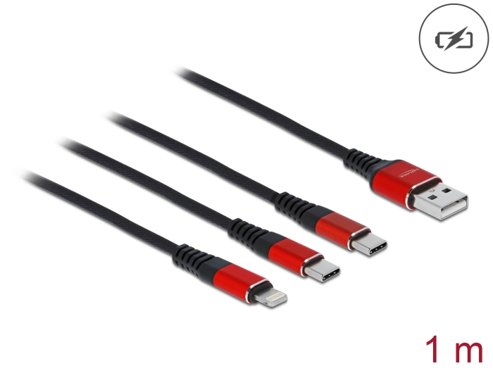 Delock USB Ladekabel 3 in 1 Typ-A zu Lightning™ / 2 x USB Type-C™ 1 m schwarz / rot #1 
