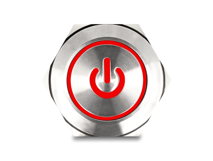 Delock Drucktaster zum Einbau 25 mm 6 x Lötanschluss LED rot Powersymbol + Ring #3 