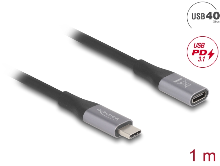 Delock USB 40 Gbps Verlängerungskabel USB Type-C™ Stecker zu Buchse PD 3.1 240 W 1 m grau Metall #1 