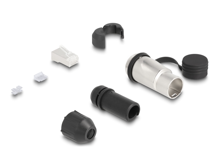 RJ45 Modularer Stecker Cat.6A zur Eigenmontage mit robusten Kabelsteckergehäuse und Schutzkappe passend für die Delock Durchführungskupplungen 67061 und 67062 IP66 staub- und wasserdicht #1 
