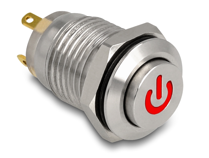 Delock Drucktaster zum Einbau 12 mm 4 x Lötanschluss LED rot Powersymbol #1 