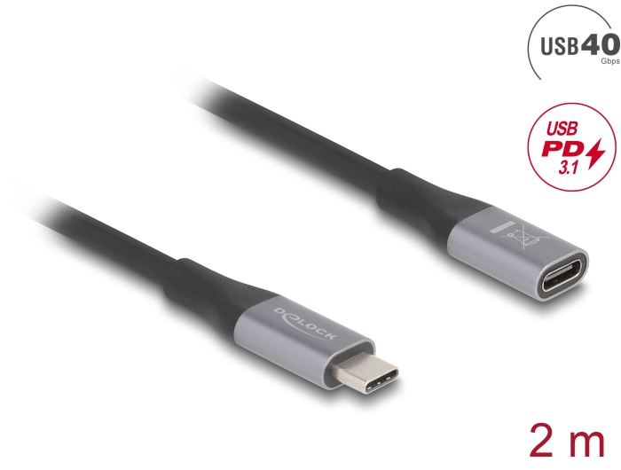 Delock USB 40 Gbps Verlängerungskabel USB Type-C™ Stecker zu Buchse PD 3.1 240 W 2 m grau Metall #1 