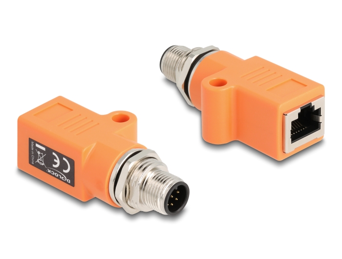 Delock M12 Adapter A-kodiert 8 Pin Stecker zu RJ45 Buchse Cat.5e mit Befestigungsloch gerade orange #1 