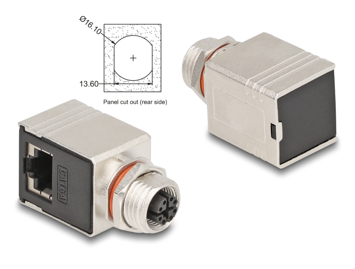 Delock M12 Adapter X-kodiert 8 Pin Buchse zu RJ45 Buchse Cat.6A STP geschirmt 90° gewinkelt #1 