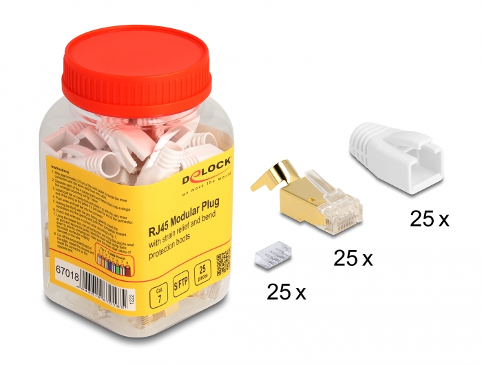 Delock RJ45 Modularer Stecker mit Zugentlastung und Knickschutztülle für Cat.7 Rundkabel 25er Set #1 
