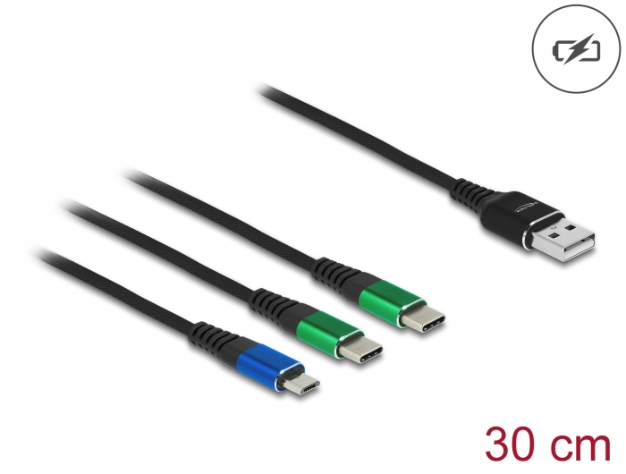 Delock USB Ladekabel 3 in 1 Typ-A zu Micro USB / 2 x USB Type-C™ 30 cm #1 