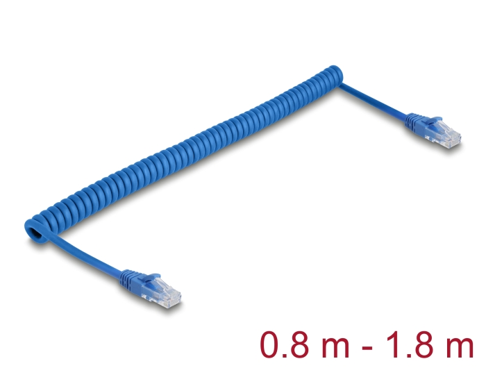 Delock RJ45 Spiralkabel Stecker zu Stecker Cat.6 UTP 0,8 m bis 1,8 m blau #1 
