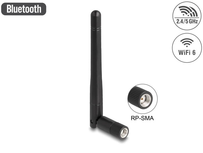 Delock WLAN 802.11 ac/ax/a/b/g/n Antenne RP-SMA Stecker 2 dBi omnidirektional mit Kippgelenk schwarz #1 