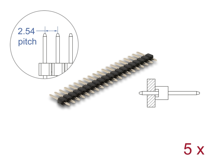 Delock Stiftleiste 20 Pin, Rastermaß 2,54 mm, 1-reihig, gerade, 5 Stück #1 