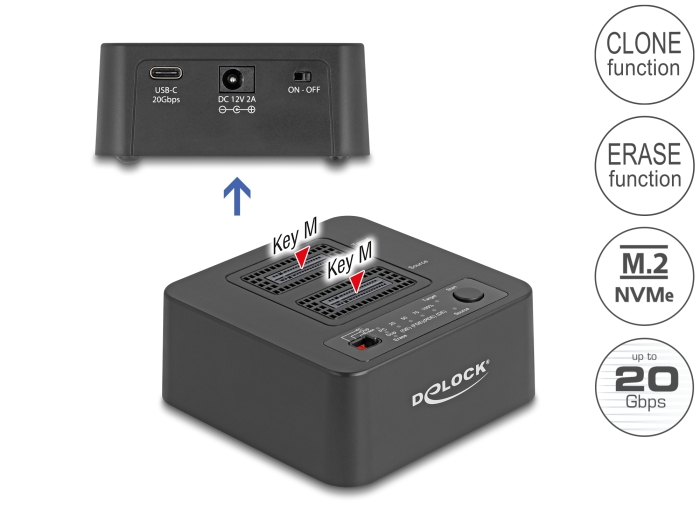 Delock USB 20 Gbps M.2 Dockingstation für 2 x M.2 NVMe PCIe SSD mit Klon- und Löschfunktion #1 