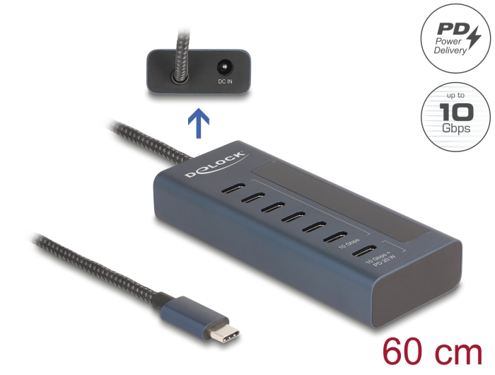Delock USB 10 Gbps Hub mit 7 USB Type-C™ Ports davon 6 x Datenport + 1 x Daten und PD 20 Watt mit Leistungsanzeige #1 