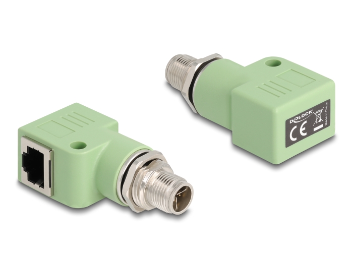 Delock M12 Adapter X-kodiert 8 Pin Stecker zu RJ45 Buchse Cat.5e mit Befestigungsloch 90° gewinkelt grün #1 