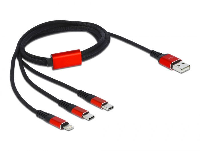 Delock USB Ladekabel 3 in 1 Typ-A zu Lightning™ / 2 x USB Type-C™ 1 m schwarz / rot #2 