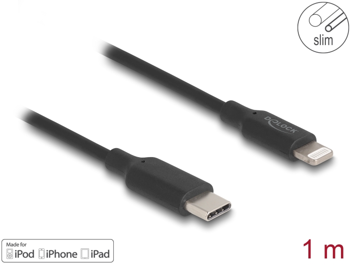 Delock Slim Daten- und Ladekabel USB Type-C™ zu Lightning™ für iPhone™, iPad™, iPod™ schwarz 1 m MFi #1 
