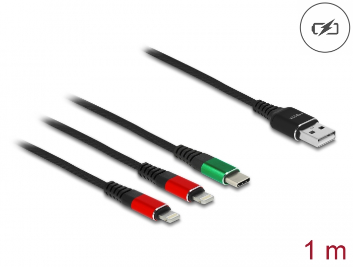 Delock USB Ladekabel 3 in 1 Typ-A zu 2 x Lightning™ / USB Type-C™ 1 m #1 