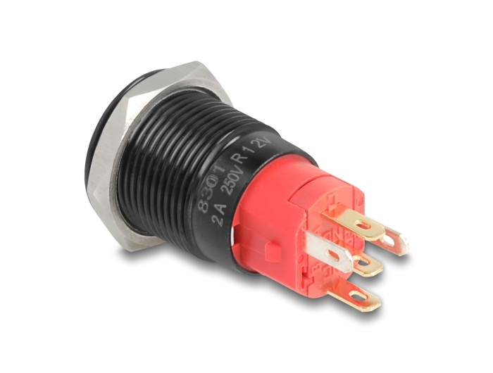 Delock Druckschalter zum Einbau schwarz 16 mm 12 V 5 x Lötanschluss LED rot Powersymbol + Ring #3 