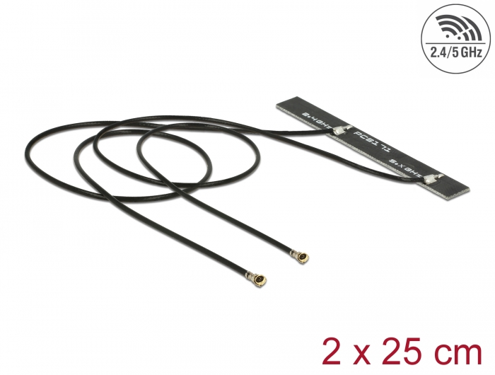 Delock Dualband WLAN WiFi 6 Doppelantenne 2 x I-PEX Inc., MHF® 4L Stecker 5 dBi 2 x 25 cm PCB intern Klebemontage #1 