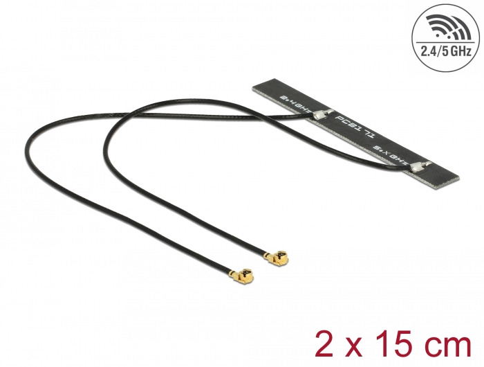 Delock Dualband WLAN WiFi 6 Doppelantenne 2 x I-PEX Inc., MHF® I Stecker 5 dBi 2 x 15 cm PCB intern Klebemontage #1 
