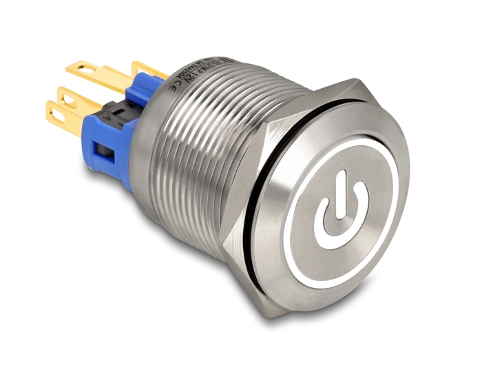 Delock Druckschalter zum Einbau 22 mm 6 x Lötanschluss LED weiß Powersymbol + Ring #1 