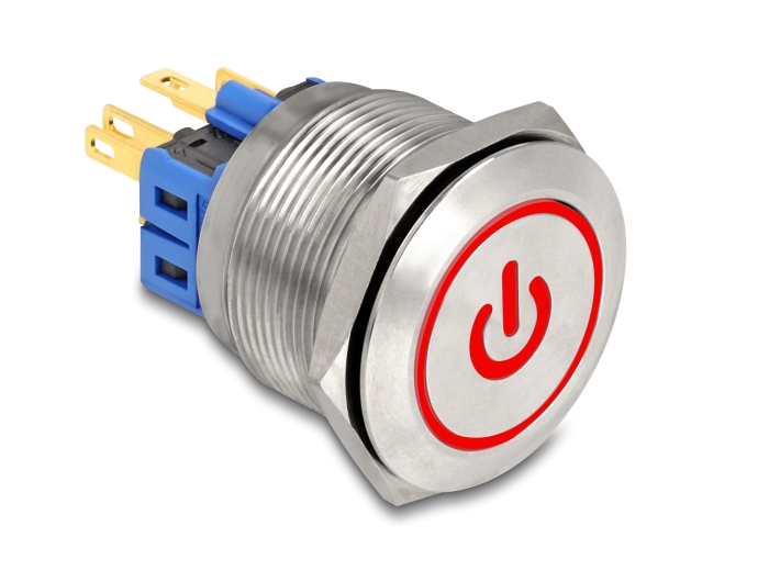 Delock Drucktaster zum Einbau 25 mm 6 x Lötanschluss LED rot Powersymbol + Ring #1 