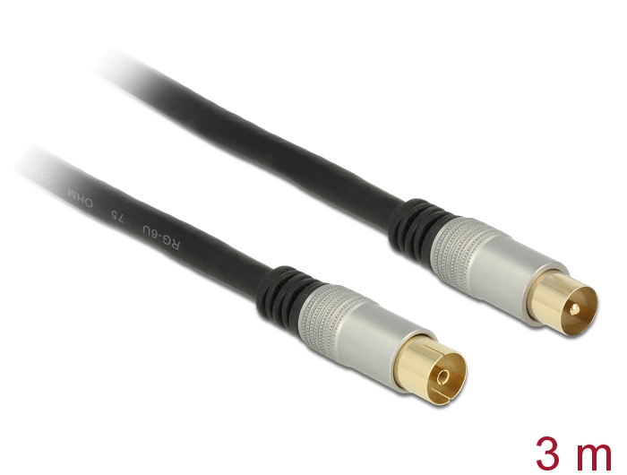 Delock Antennenkabel IEC Stecker > IEC Buchse RG-6/U quad shield 3 m schwarz Premium #1 